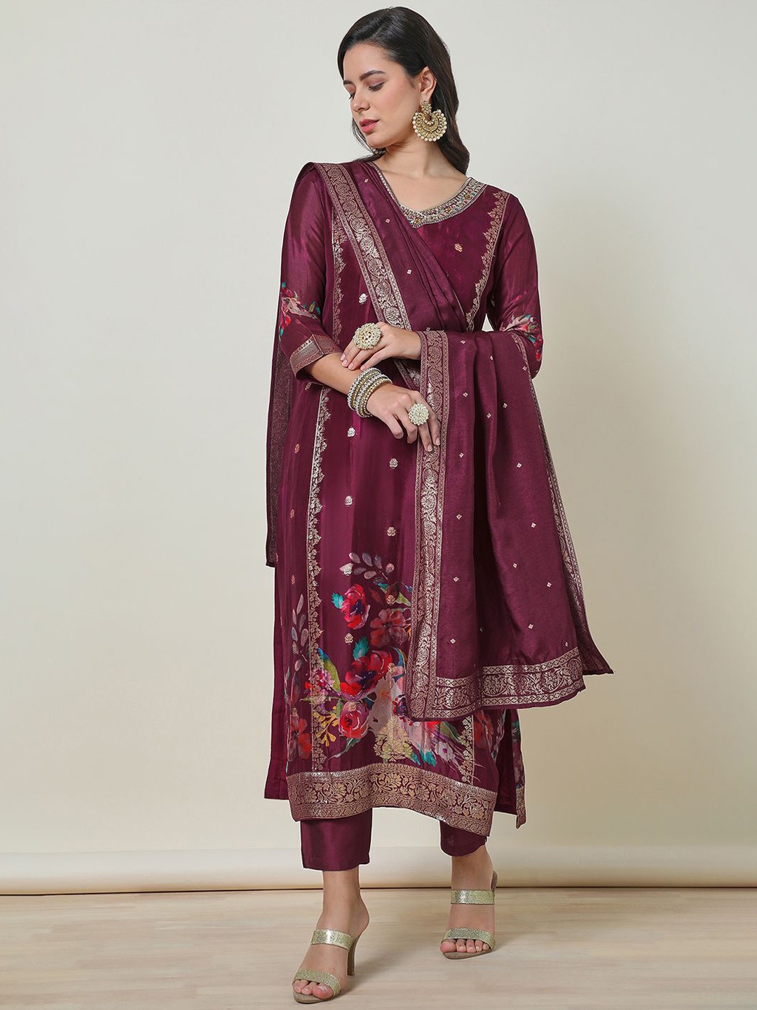 

Soch Brocade Floral Print Suit Set With Mirror Work, Maroon