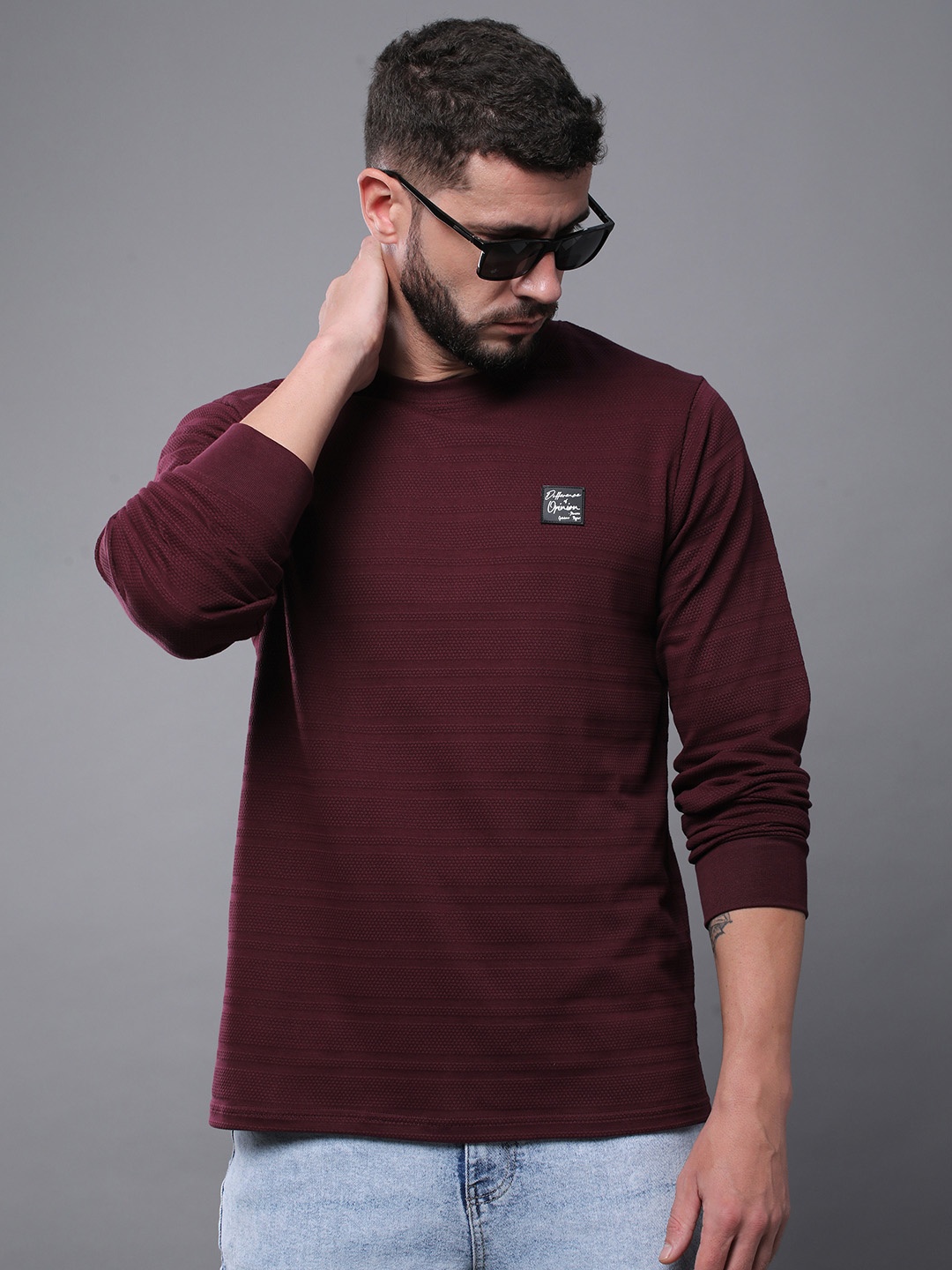 

Difference of Opinion Men Solid Popcorn Structure Long Sleeve Crew Neck T-Shirt, Burgundy