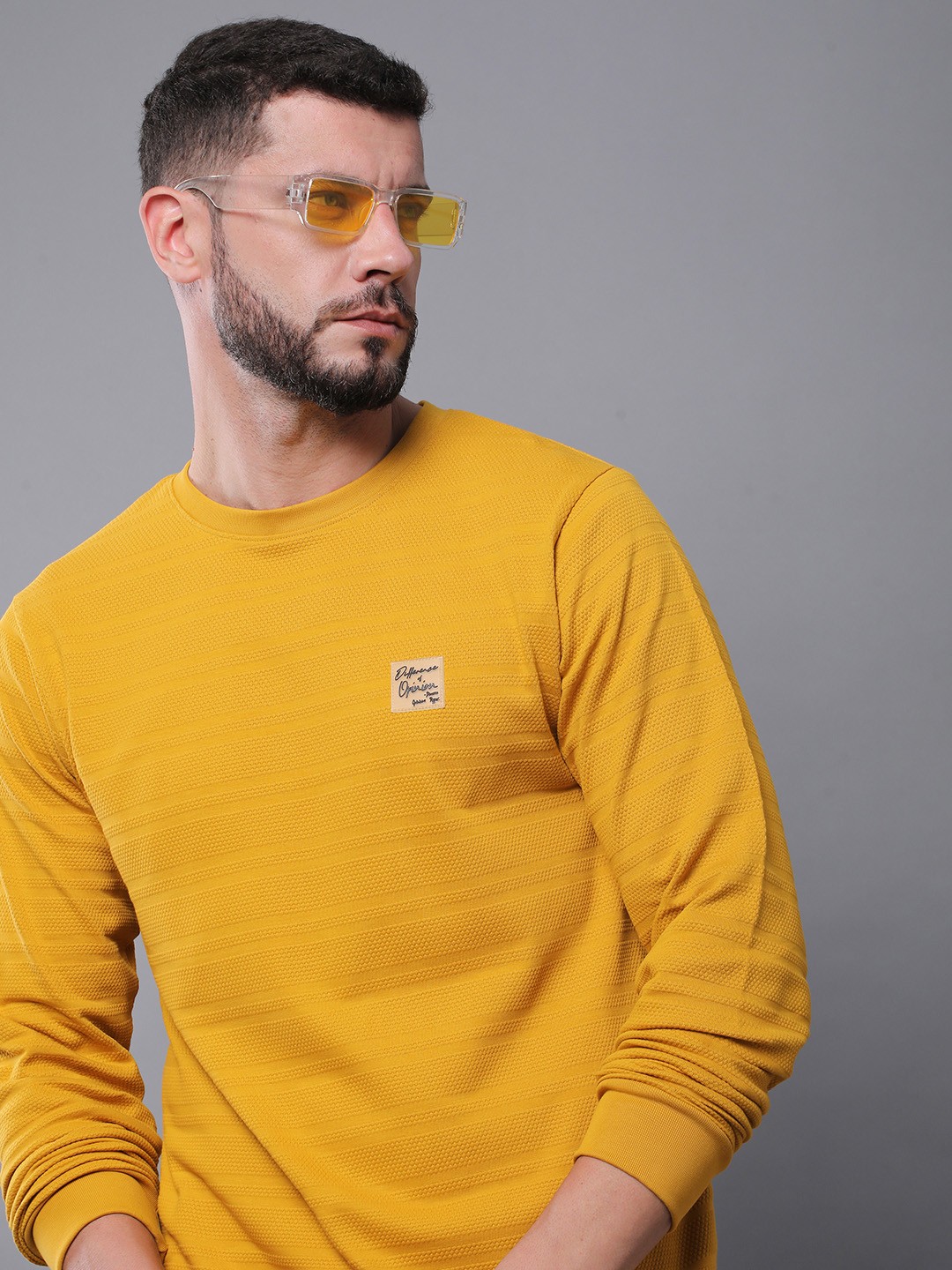 

Difference of Opinion Men Solid Popcorn Structure Long Sleeve Crew Neck T-Shirt, Yellow