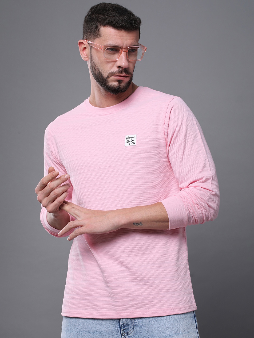 

Difference of Opinion Men Solid Popcorn Structure Long Sleeve Crew Neck T-Shirt, Pink