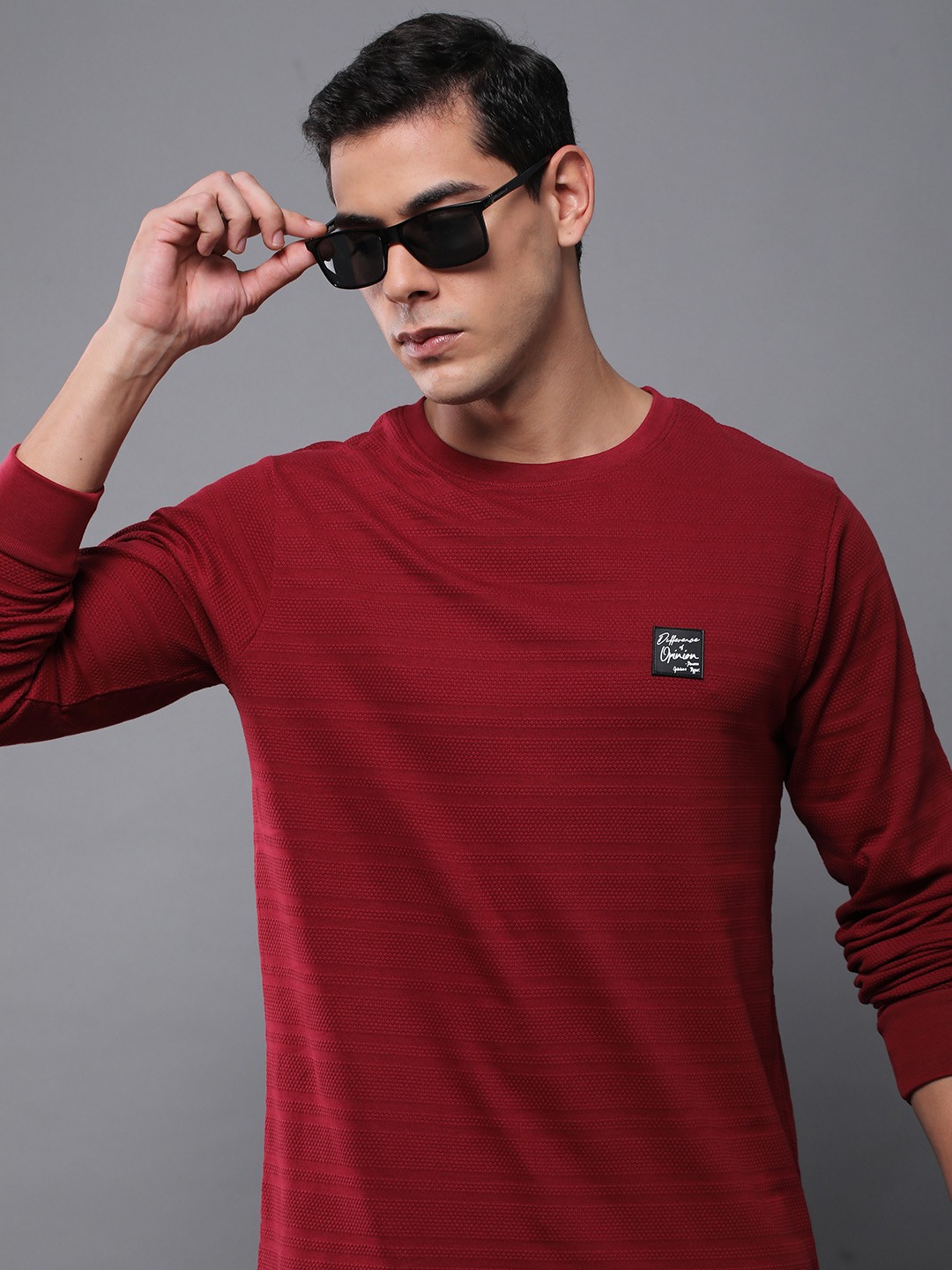 

Difference of Opinion Men Solid Popcorn Structure Long Sleeve Crew Neck T-Shirt, Maroon