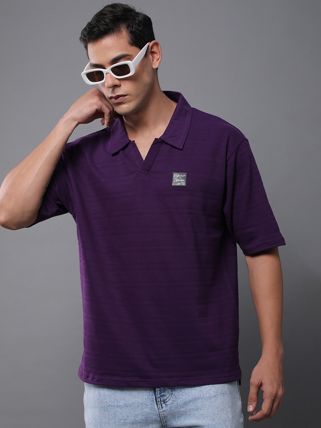 

Difference of Opinion Men Solid Popcorn Structure Oversized Polo T-Shirt, Lavender