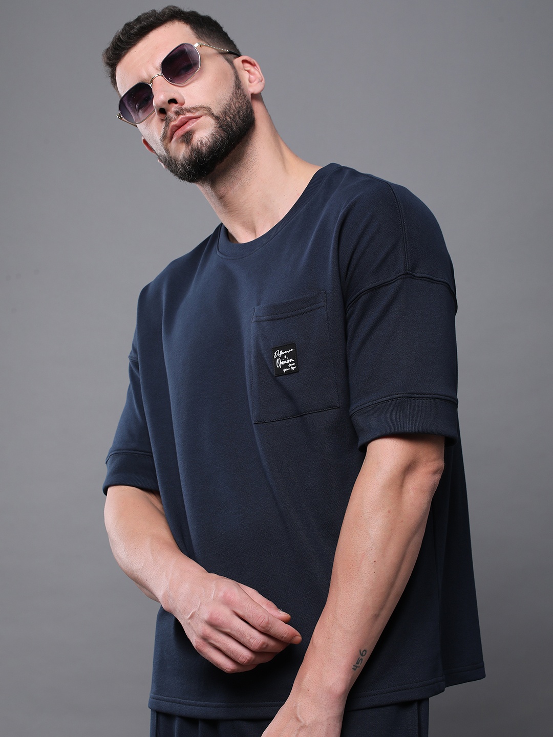 

Difference of Opinion Men Oversized Drop Shoulder Ultra Soft Drapey Cotton T-Shirt, Navy blue