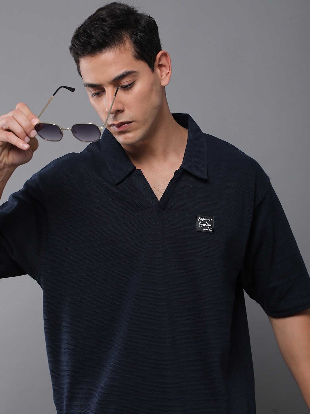 Difference of Opinion Men Solid Popcorn Structure Oversized Polo T-Shirt, Navy blue
