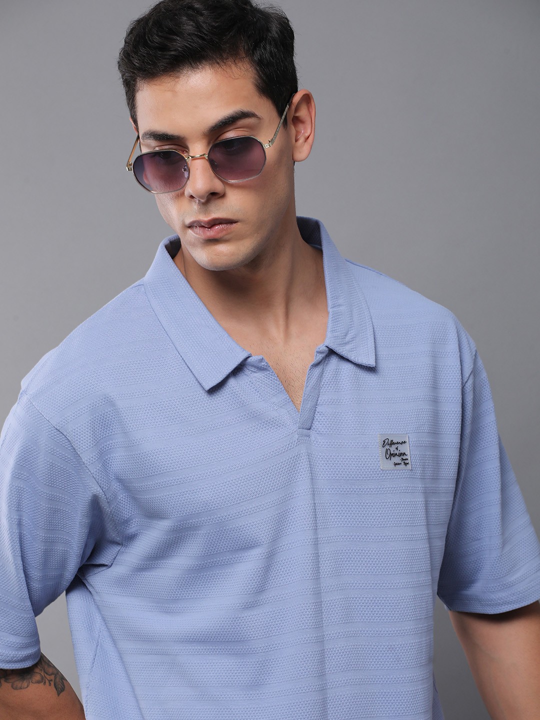Difference of Opinion Men Solid Popcorn Structure Oversized Polo T-Shirt, Purple