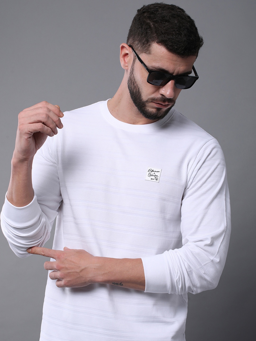 

Difference of Opinion Men Solid Popcorn Structure Long Sleeve Crew Neck T-Shirt, White