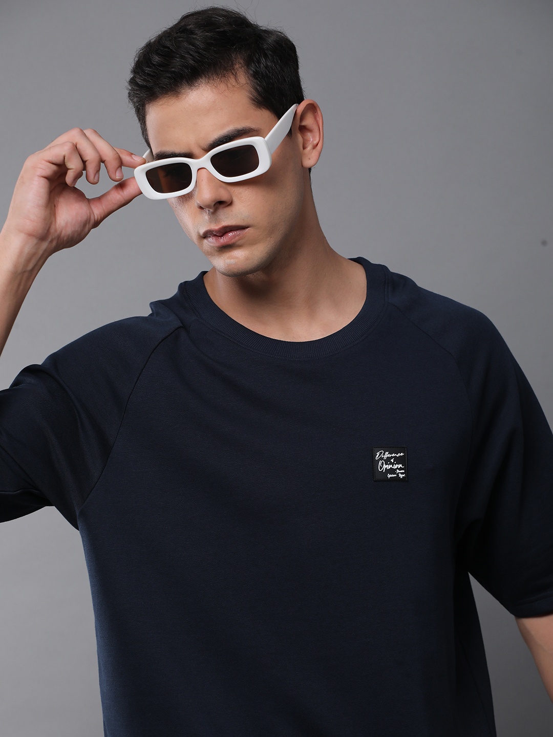 Difference of Opinion Men Solid Ultra Soft Drapey Cotton Raglan T-Shirt, Navy blue