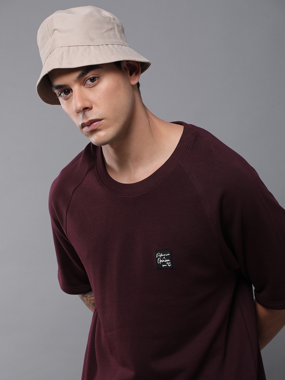 

Difference of Opinion Men Solid Ultra Soft Drapey Cotton Raglan T-Shirt, Burgundy