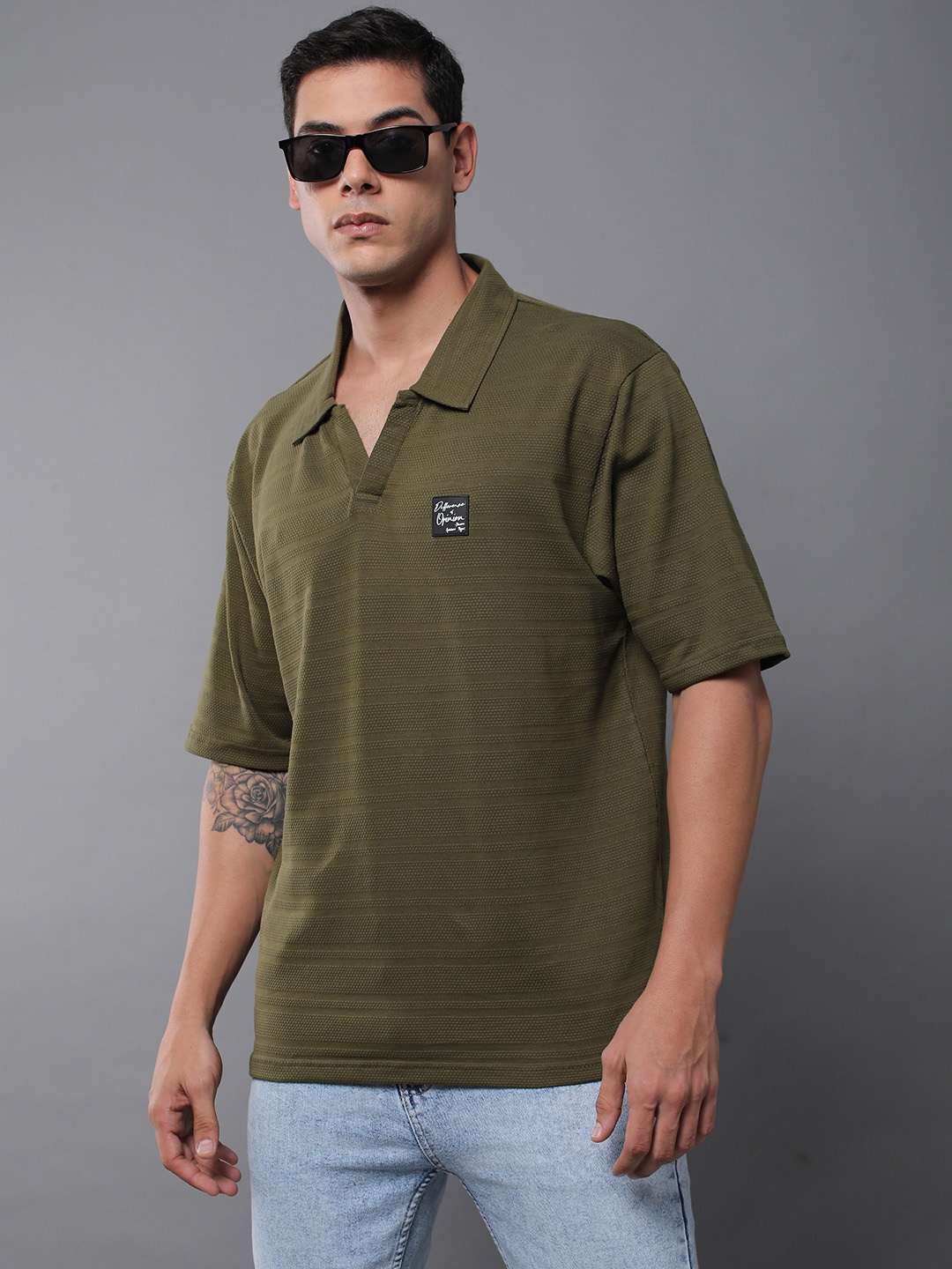 

Difference of Opinion Men Solid Popcorn Structure Oversized Polo T-Shirt, Olive