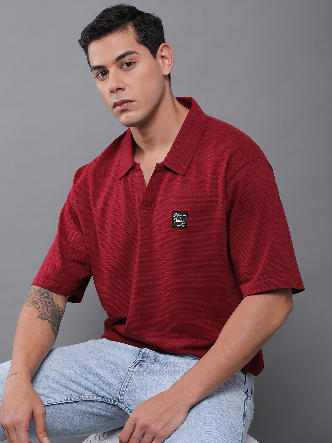 

Difference of Opinion Men Solid Popcorn Structure Oversized Polo T-Shirt, Maroon