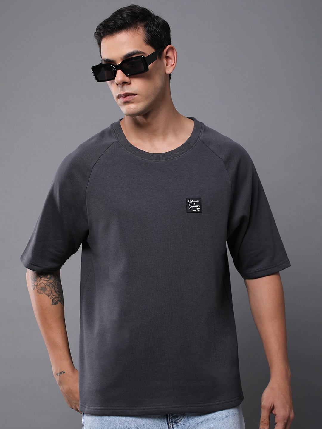 Difference of Opinion Men Solid Ultra Soft Drapey Cotton Raglan T-Shirt, Grey