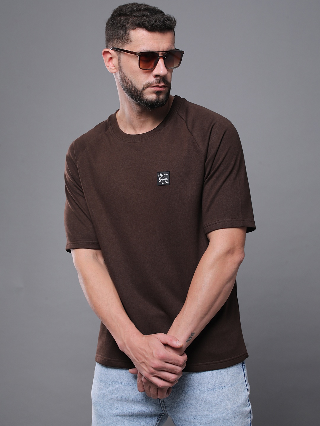 

Difference of Opinion Men Solid Ultra Soft Drapey Cotton Raglan T-Shirt, Brown