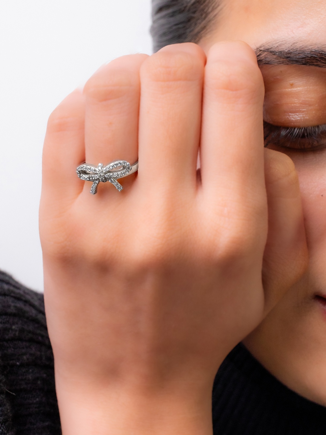 

Mabel 925 Sterling Silver Rhodium Plated CZ Studded Adjustable Finger Ring