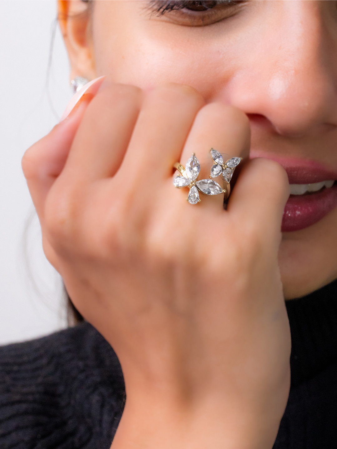 

Mabel 925 Sterling Silver 18KT Gold Plated CZ Studded Stunning Butterfly Finger Ring