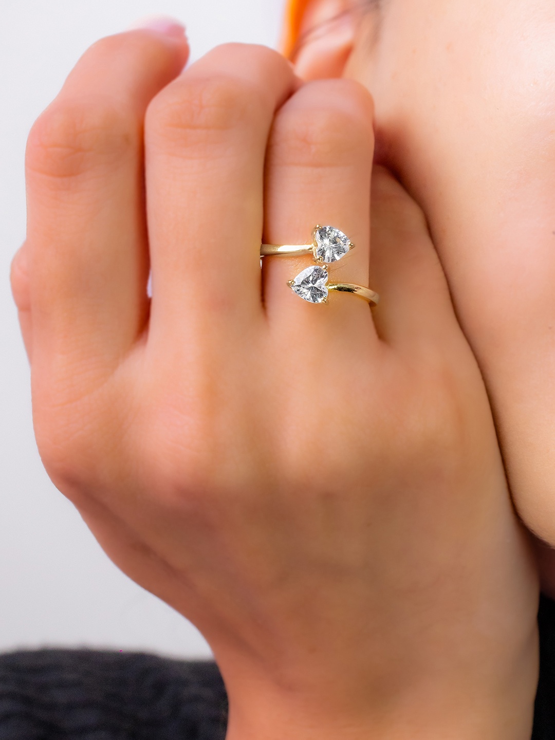 

Mabel 925 Sterling Silver 18KT Gold Plated Double Heart Solitaire Open Ring
