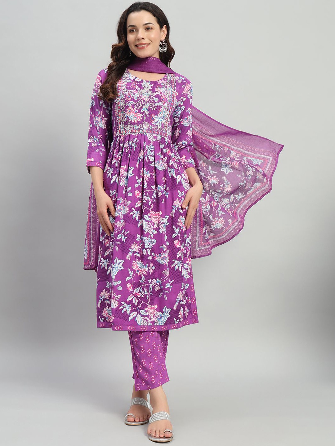 ASHRU Floral Printed Regular Mirror Work A-Line Kurta With Trousers & Dupatta, Purple