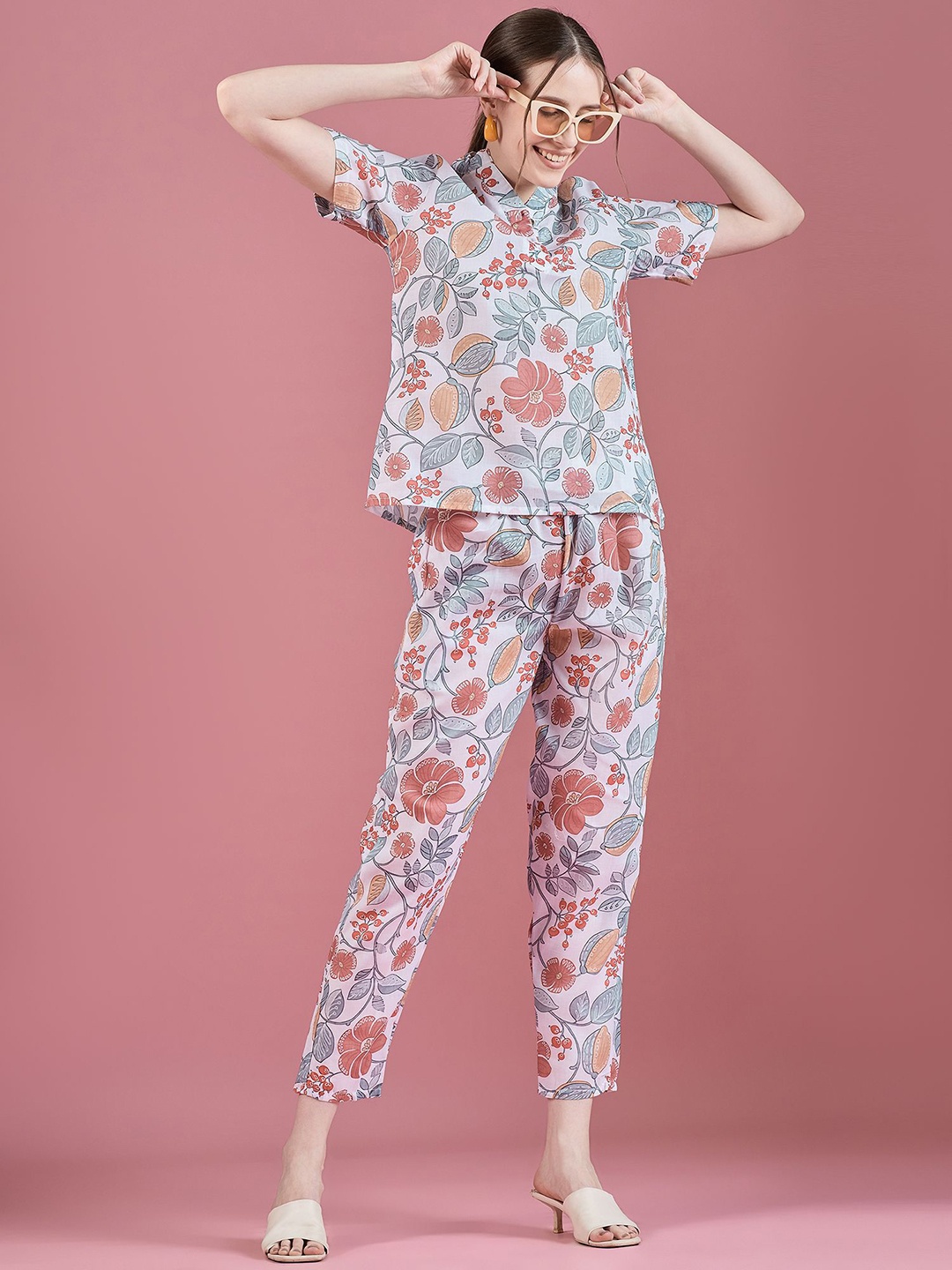 

DressBerry White Printed Mandarin Collar Top With Trousers