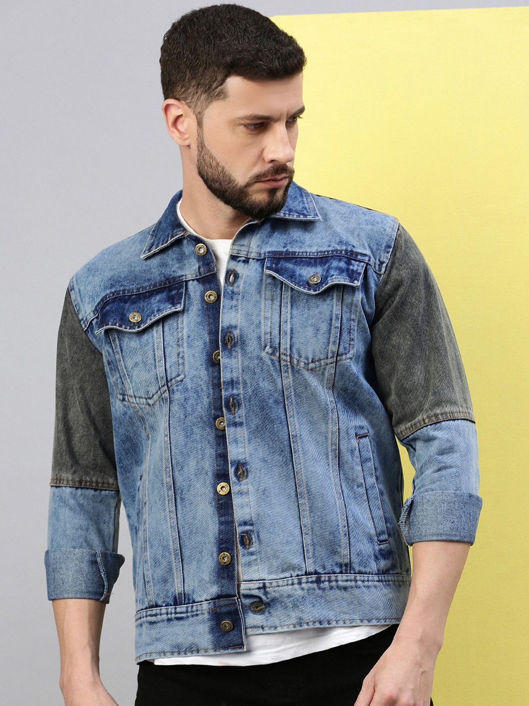 

VOXATI Men Washed Crop Denim Jacket, Multi