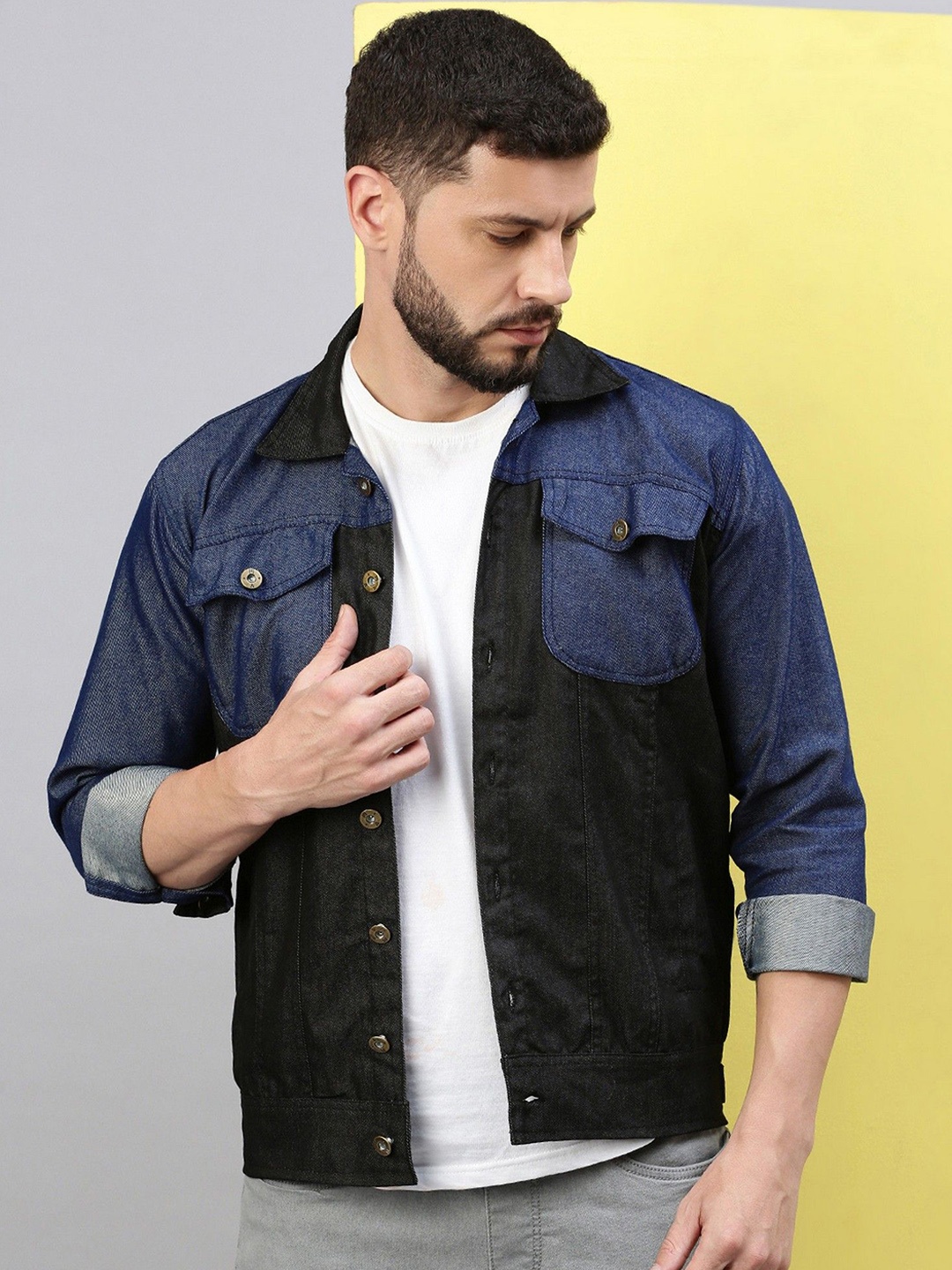 

VOXATI Men Washed Checked Longline Denim Jacket, Multi