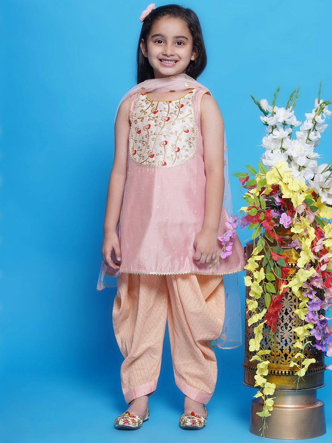 

Little Bansi Girls Floral Embroidered A-Line Kurta With Dhoti Pants & Dupatta, Pink