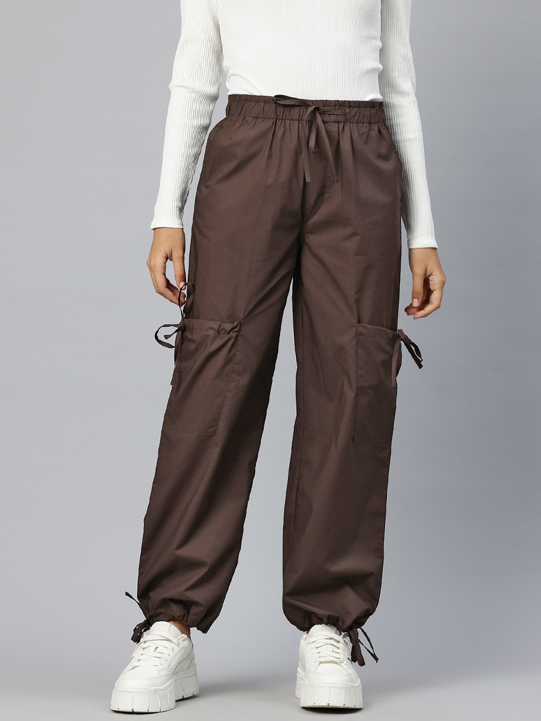 

Popnetic Loose Fit High-Rise Pure Cotton Parachute Cargo Trouser, Brown