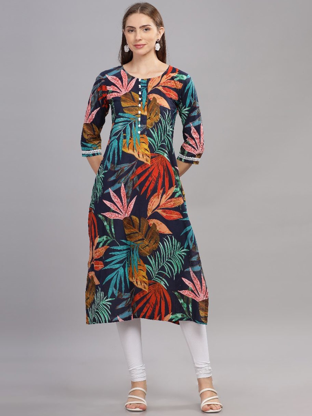

THE VASILIKI Tropical Printed Round Neck Pure Cotton Straight Kurta, Blue