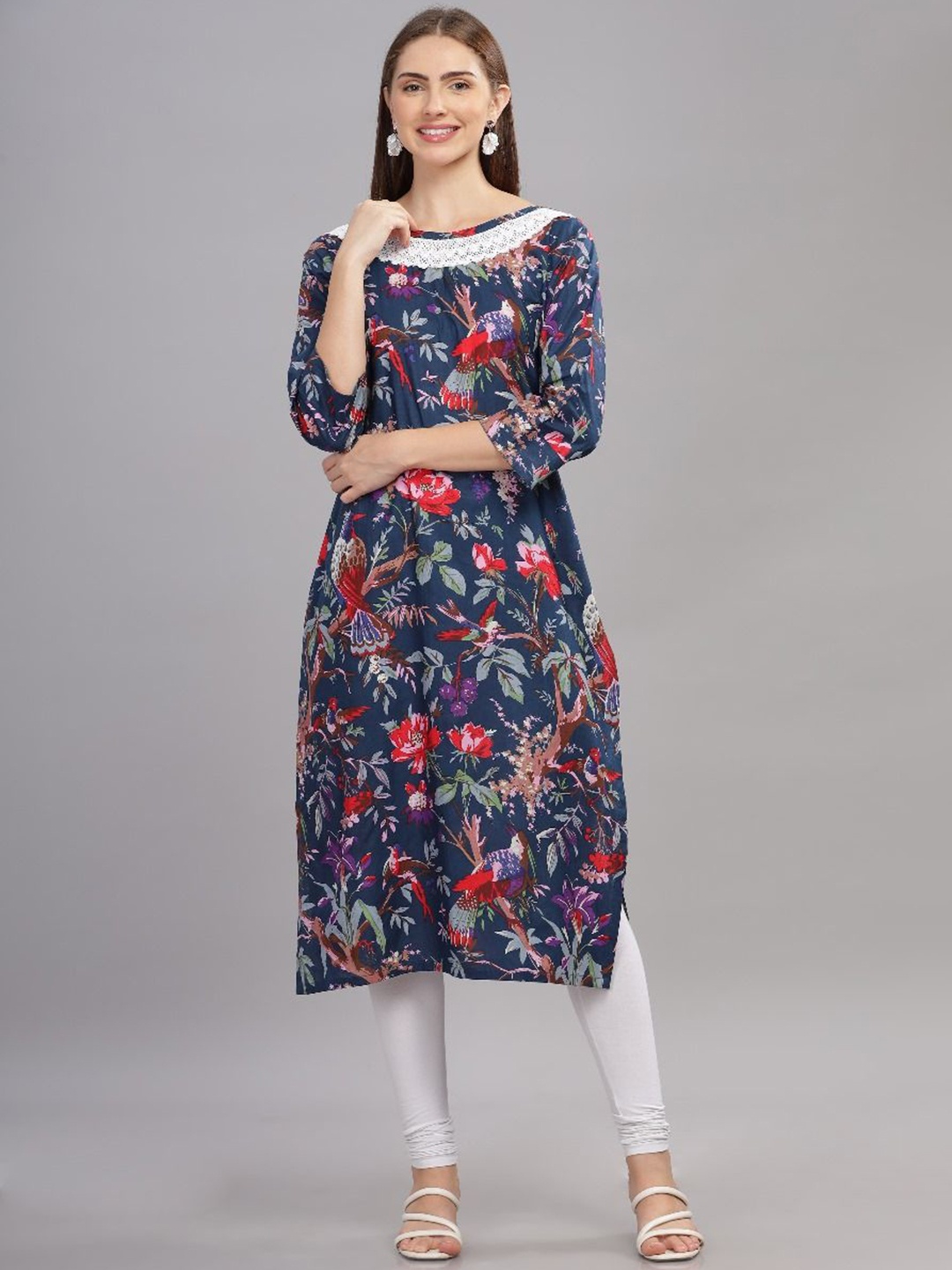 THE VASILIKI Printed Round Neck Pure Cotton Straight Kurta, Blue