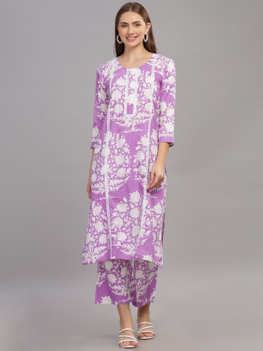 

THE VASILIKI Floral Printed Round Neck Pure Cotton Straight Kurta, Purple