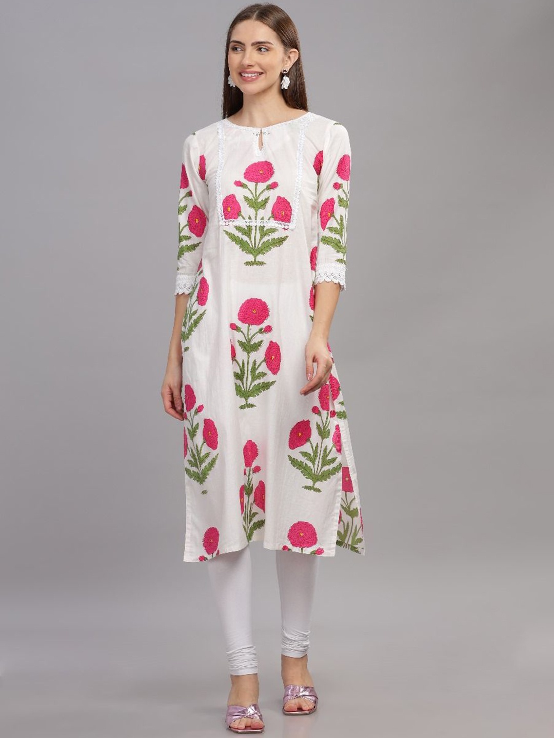 

THE VASILIKI Floral Printed Keyhole Neck Pure Cotton Straight Kurta, White