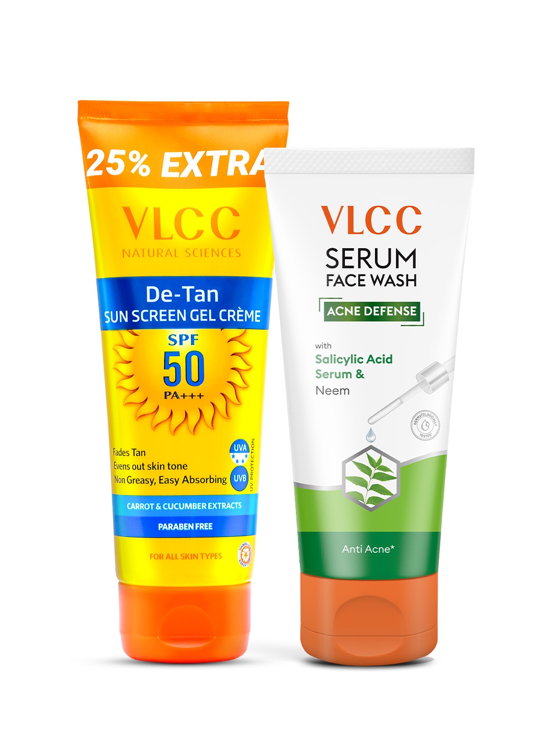 

VLCC Acne Defense Serum Face Wash 100ml & De Tan SPF 50 PA+++ Sunscreen Gel Cream 125g, Yellow