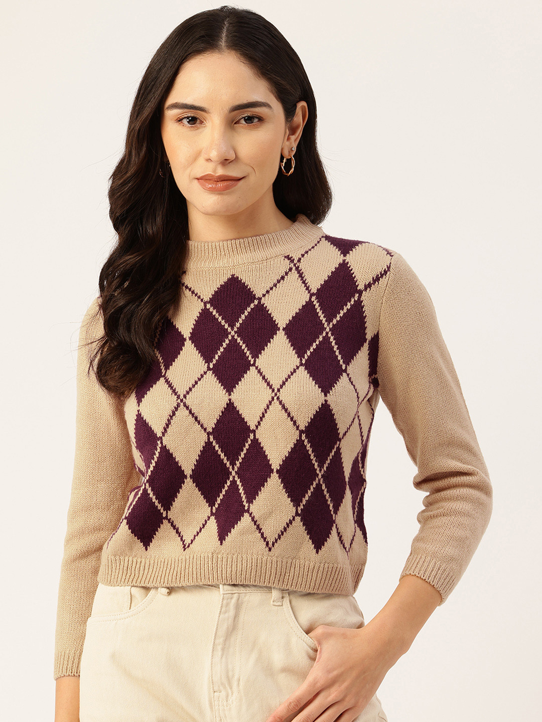 

Malachi Argyle Printed Crop Pullover, Beige