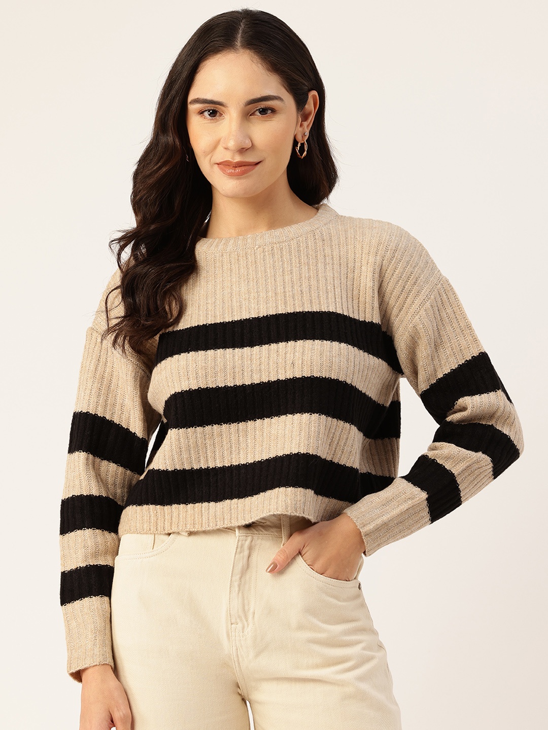 

Malachi Striped Crop Pullover, Beige