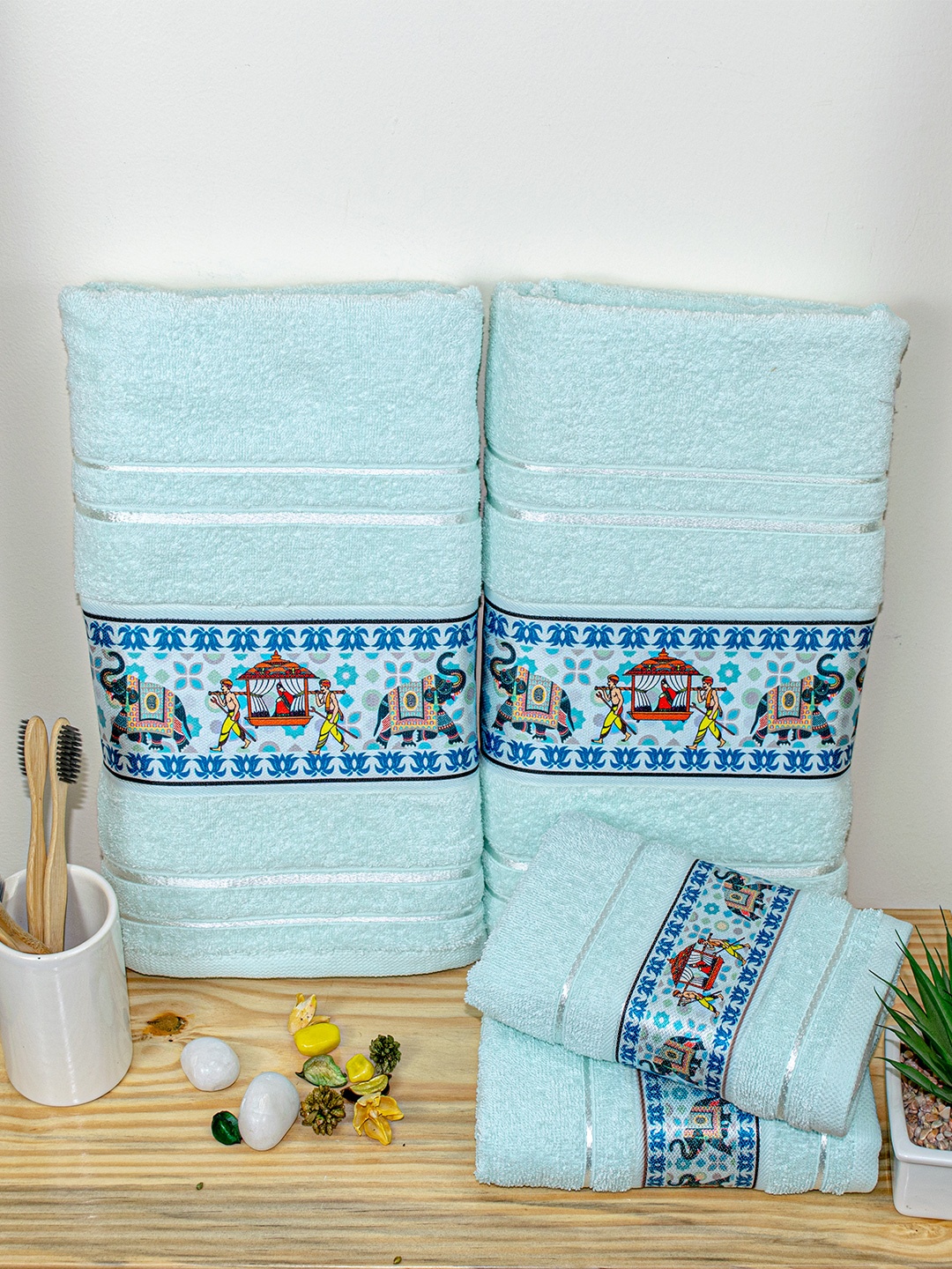 

RANGOLI 4 pcs Pure Cotton Towel set, Turquoise blue
