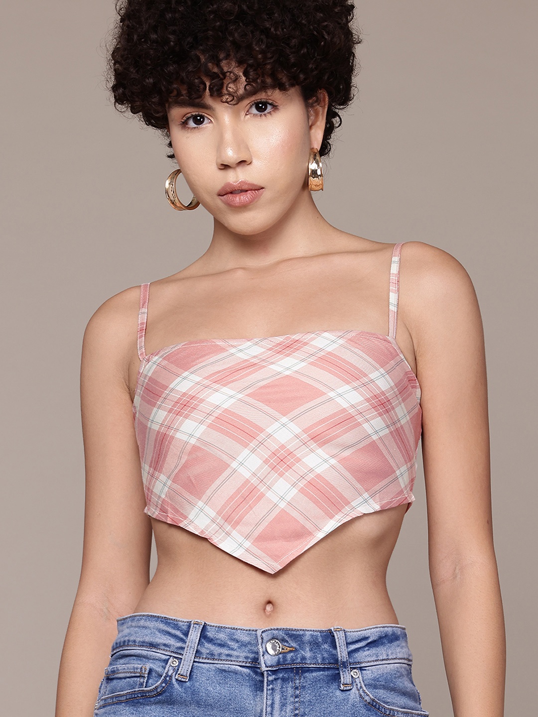 

Roadster Checked Smocked Fitted Crop Top, Orange