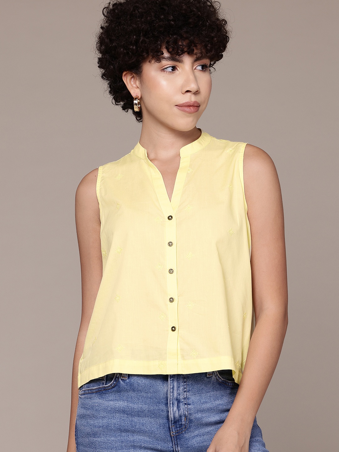 

Roadster Embroidered Mandarin Collar Pure Cotton Top, Yellow
