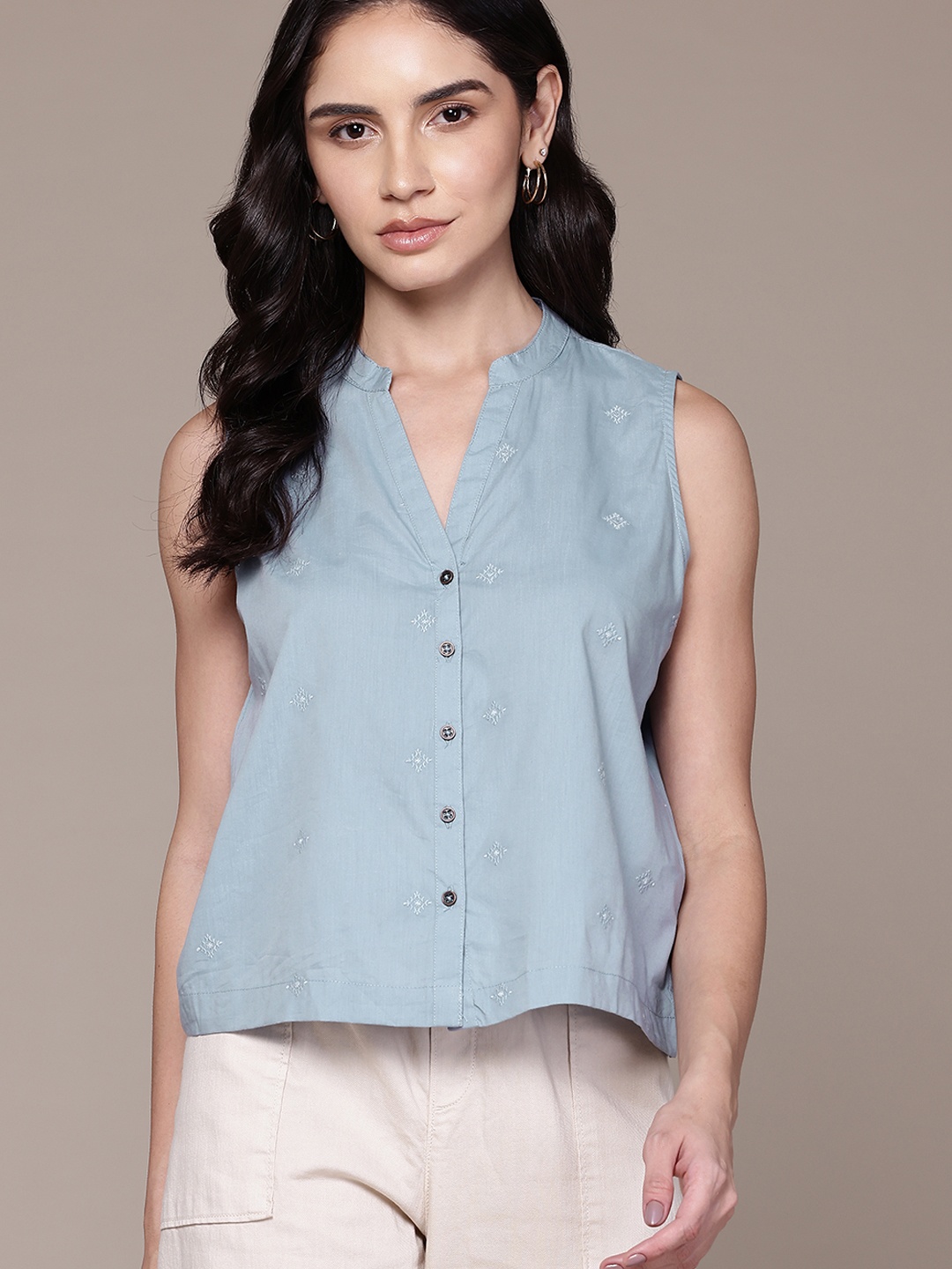 

Roadster Embroidered Mandarin Collar Pure Cotton Top, Blue