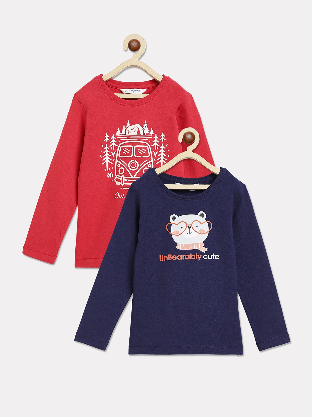 

Campana Girls Pack Of 2 Typograhy Printed Cotton T-shirts, Navy blue