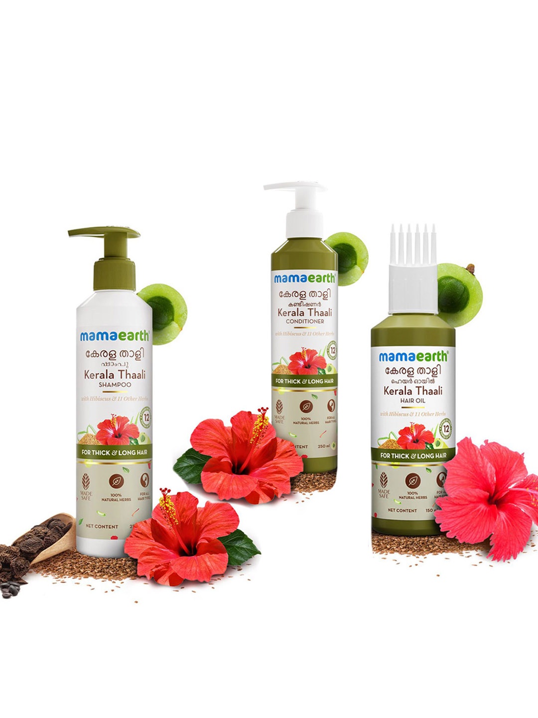 

Mamaearth Kerala Thaali Hair Oil 150ml + Conditioner 250ml + Shampoo 250ml, White