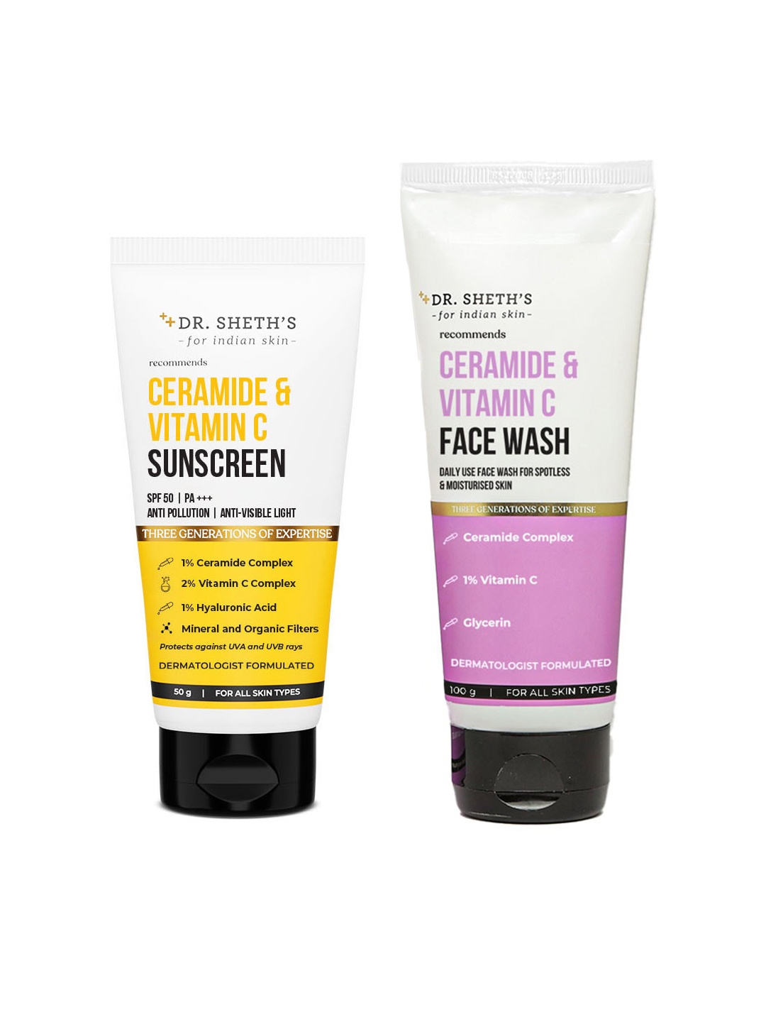 

DR. SHETHS Ceramide & Vitamin C Face Wash 100g & SPF 50+ Sunscreen 50g, Yellow