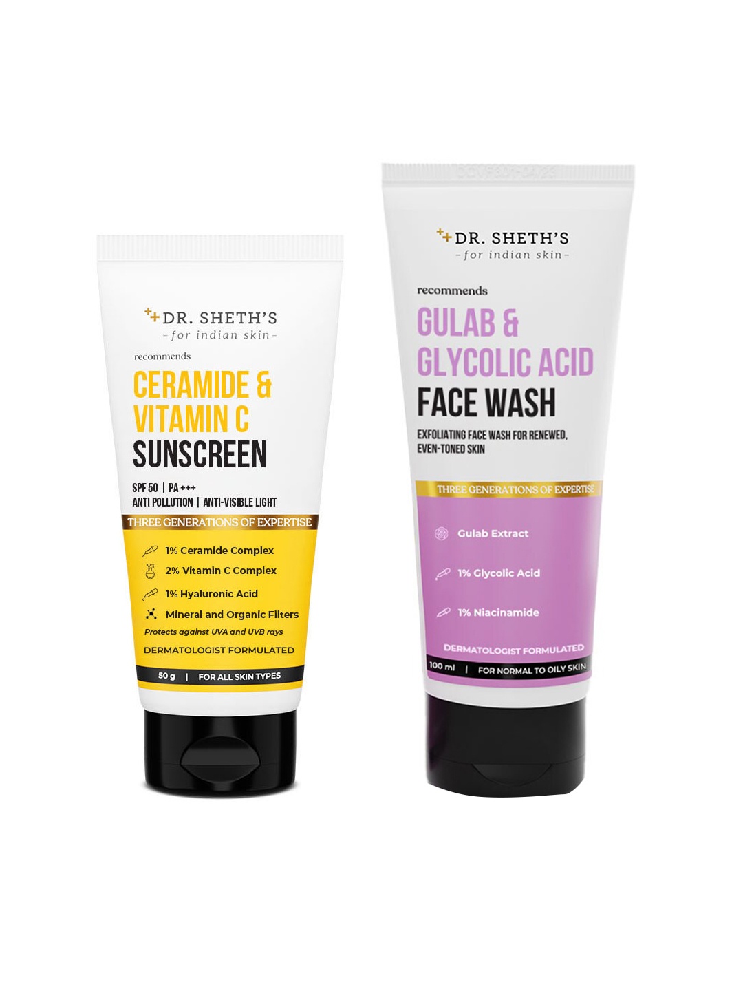 

DR. SHETHS Ceramide & Vitamin C SPF 50+ Sunscreen 50g & Gulab Glycolic Acid FaceWash 100ml, Pink