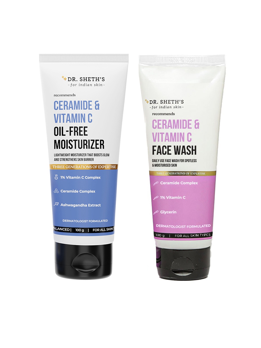 

DR. SHETHS Ceramide & Vitamin C Face Wash 100g & Oil-Free Moisturizer 100g, Pink