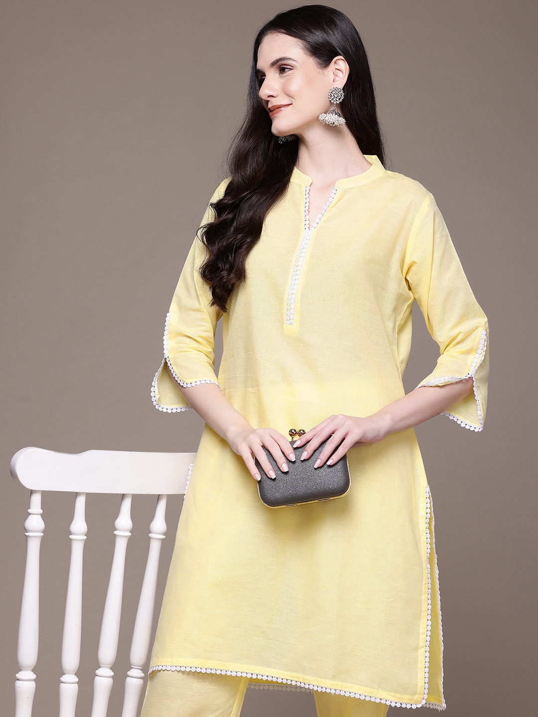 

Readiprint Linen Co-Ords With Lace Details, Yellow