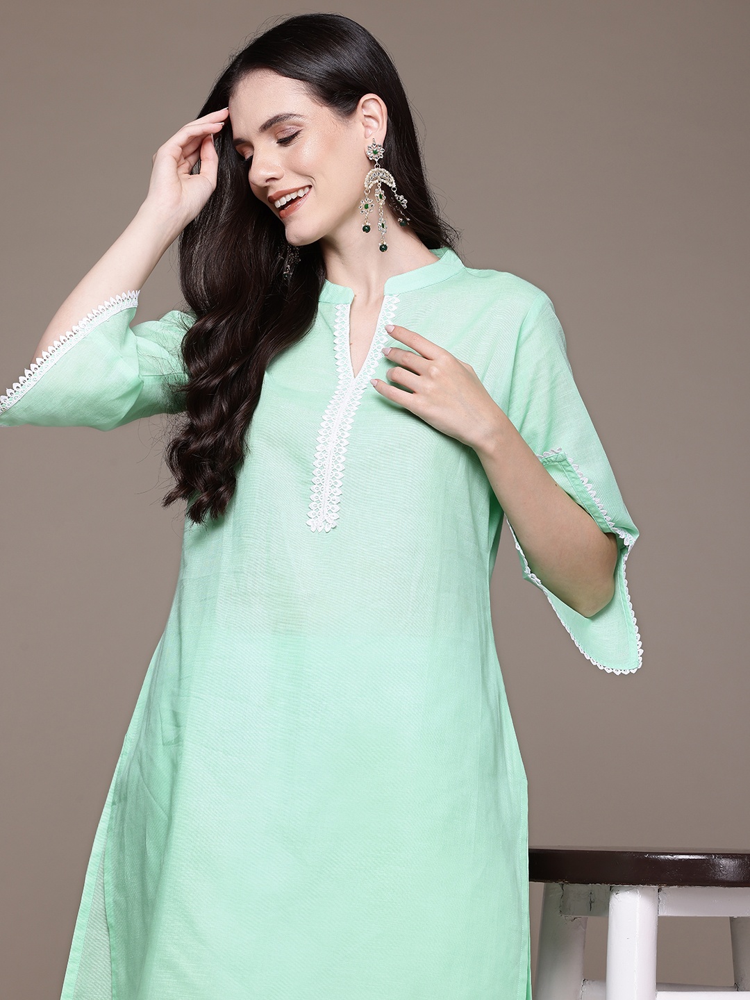 

Readiprint Linen Co-Ords With Lace Details, Sea green