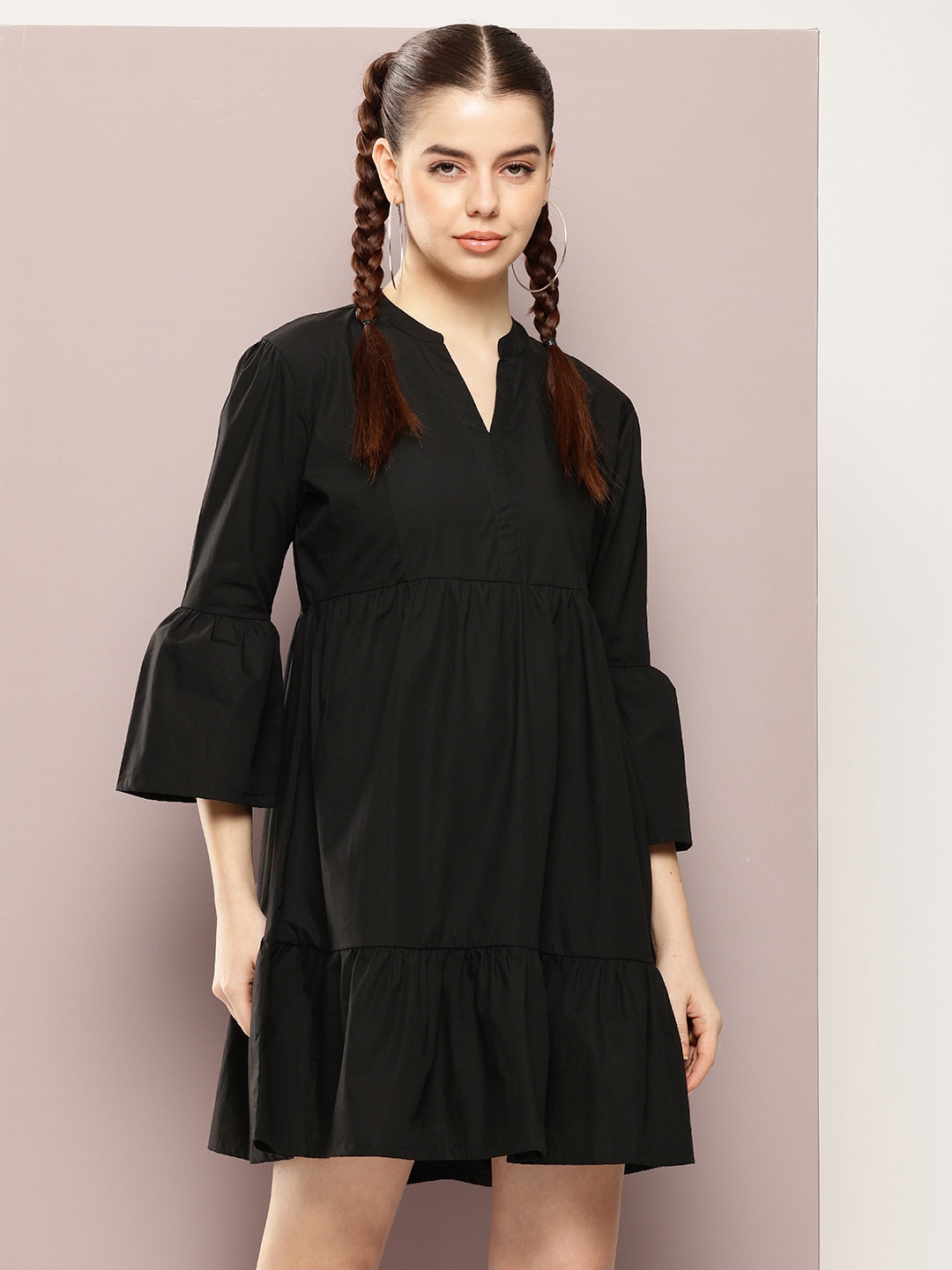 

Kook N Keech Mandarin Collar Bell Sleeves Pure Cotton Tiered A-Line Dress, Black