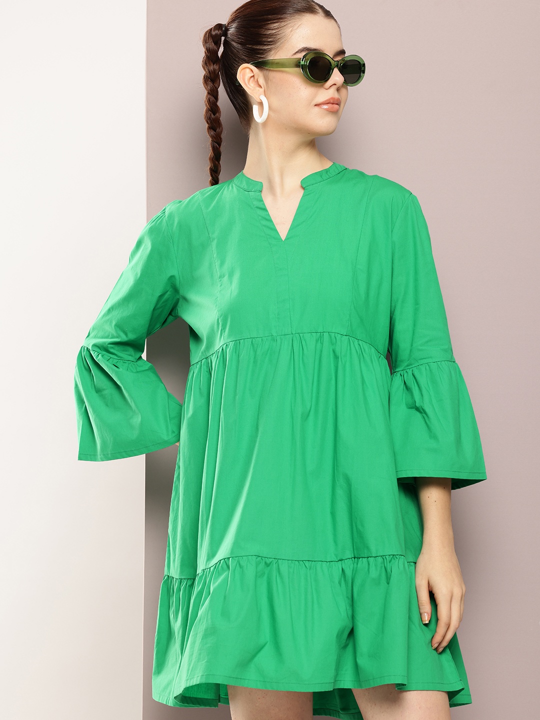 

Kook N Keech Mandarin Collar Bell Sleeves Pure Cotton Tiered A-Line Dress, Green