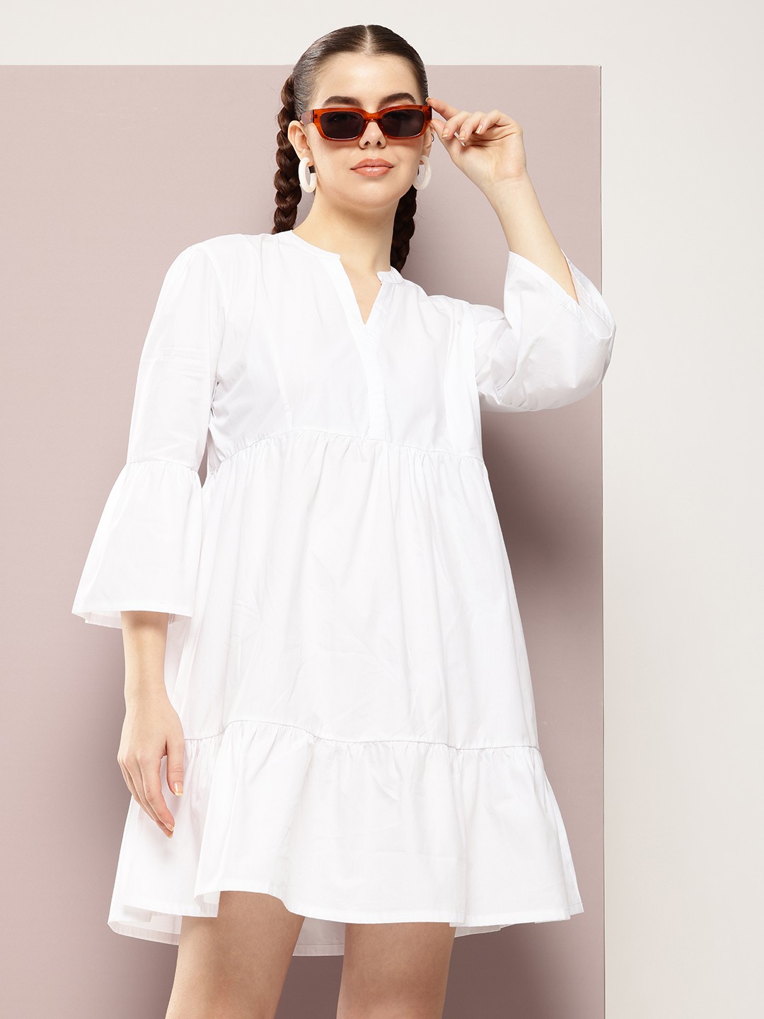 

Kook N Keech Mandarin Collar Bell Sleeves Pure Cotton Tiered A-Line Dress, White