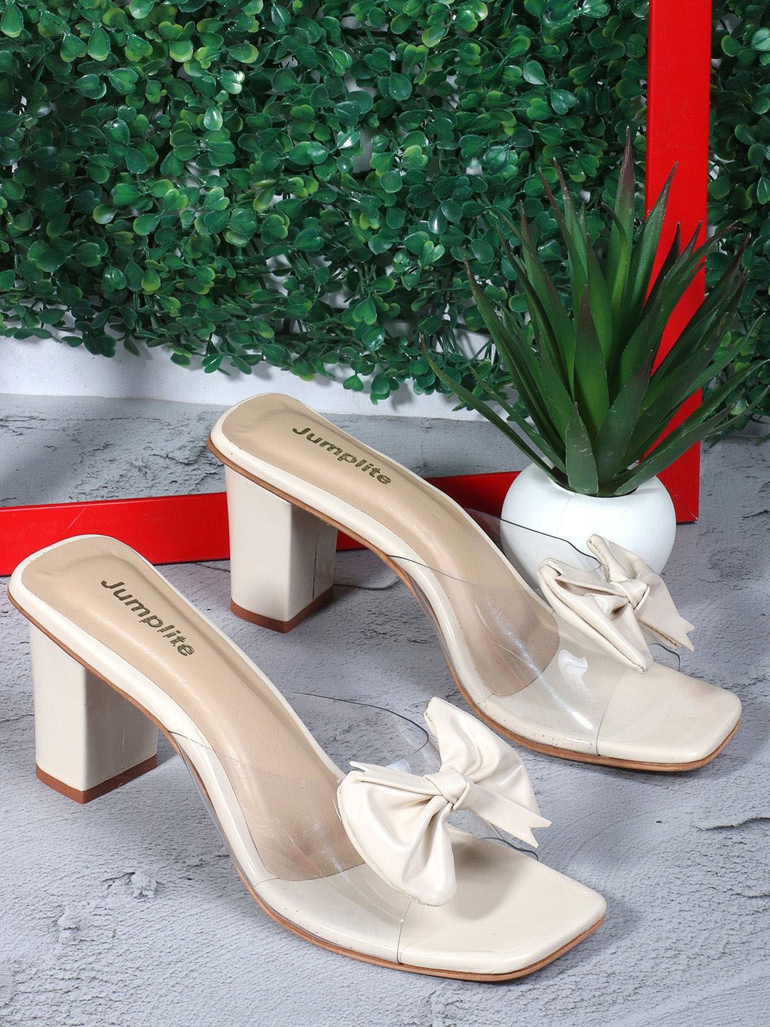 

JUMPLITE Open Toe Block Heel Sandal With Bow, Off white
