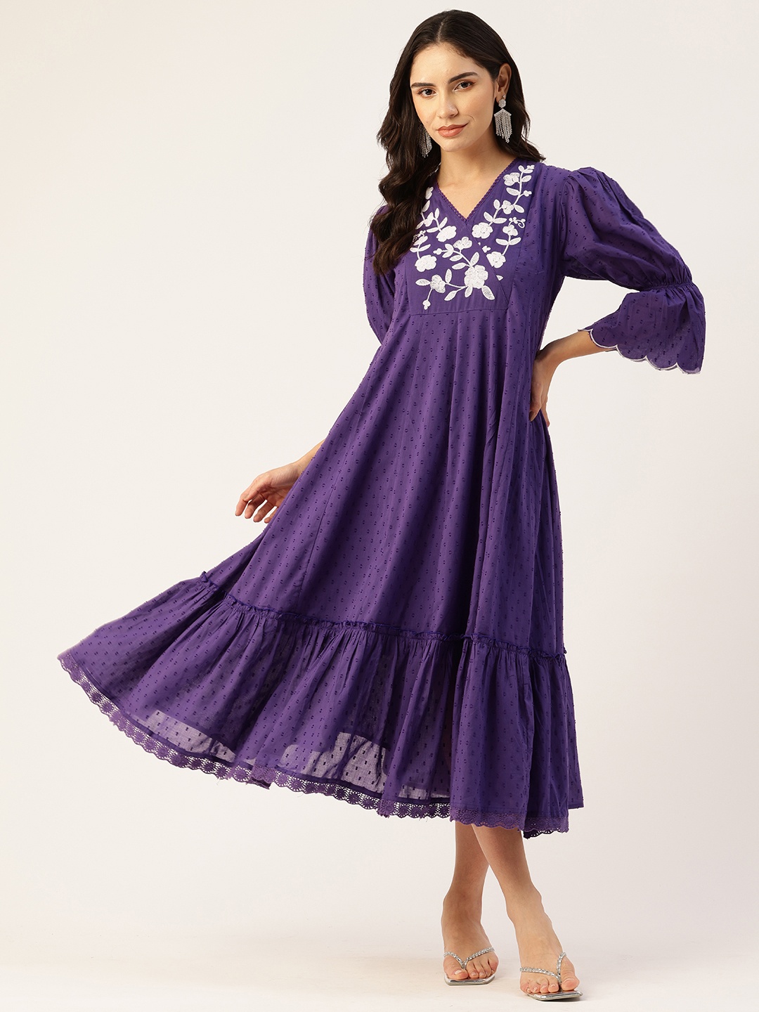 

MISRI Floral Embroidered Bell Sleeves A-Line Midi Dress, Purple