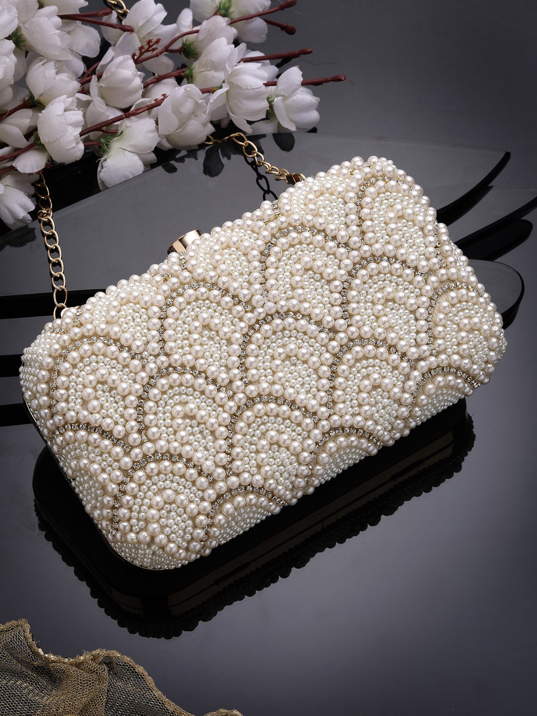 

Anekaant Pearls Embellished Box Clutch, Off white