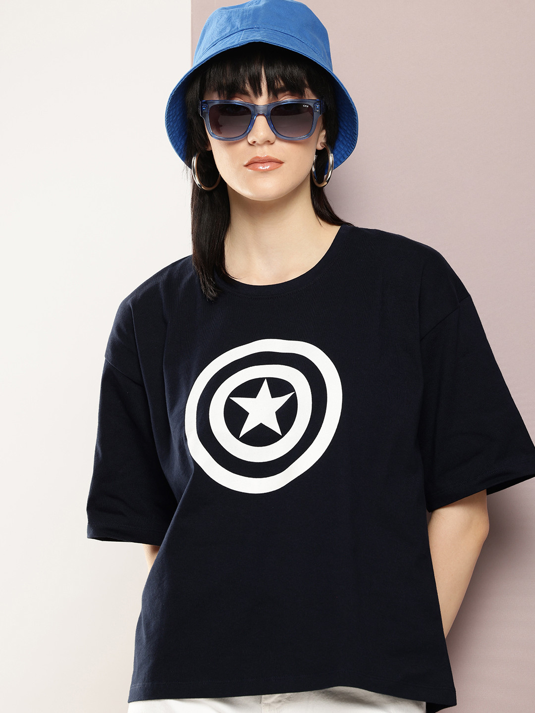 

Kook N Keech Captain America Printed Drop-Shoulder Sleeves Oversized Pure Cotton T-shirt, Navy blue